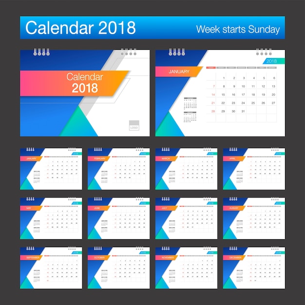 Vetor calendário 2018. calendário de mesa modelo de design moderno. a semana começa no domingo.