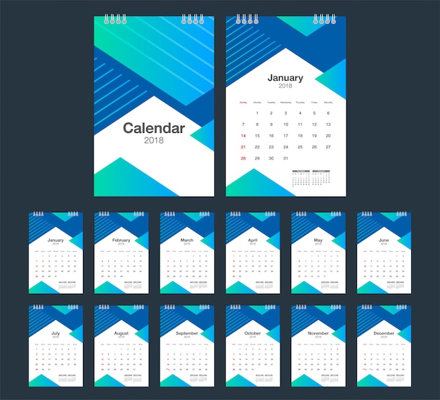 Vetor calendário 2018. calendário de mesa modelo de design moderno. a semana começa no domingo.