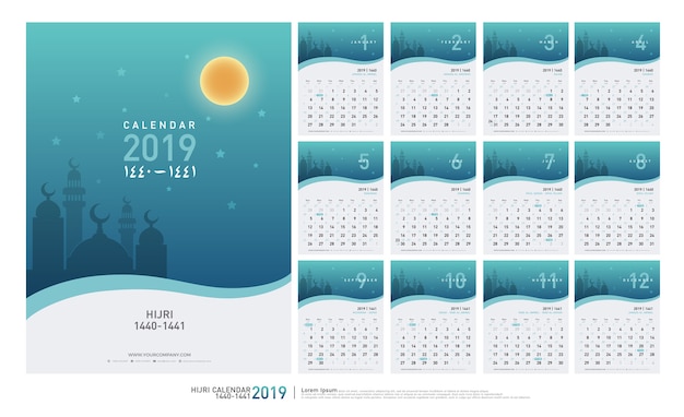 Calendário 2019 hijri 1440 a 1441 modelo islâmico