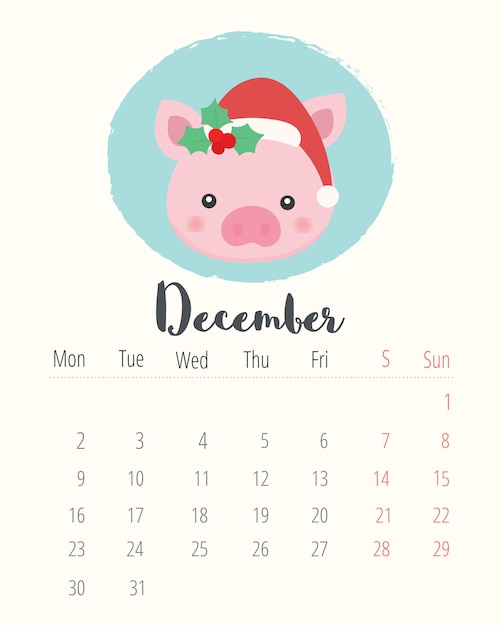 Vetor calendário 2019. porco bonito. mês de dezembro.