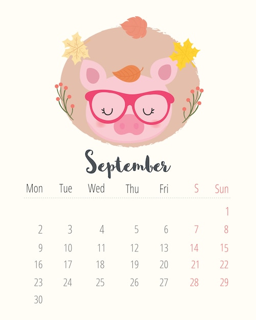 Calendário 2019. porco bonito. mês de setembro.