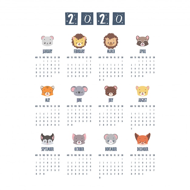 Calendário 2020 com animais fofos