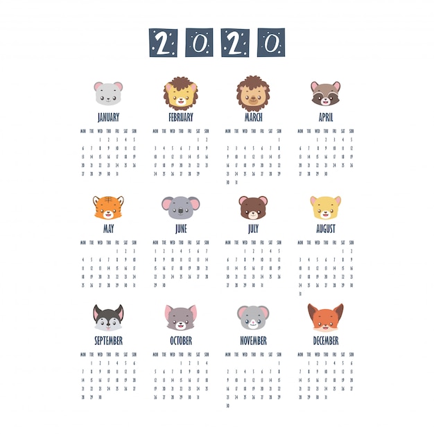 Calendário 2020 com animais fofos