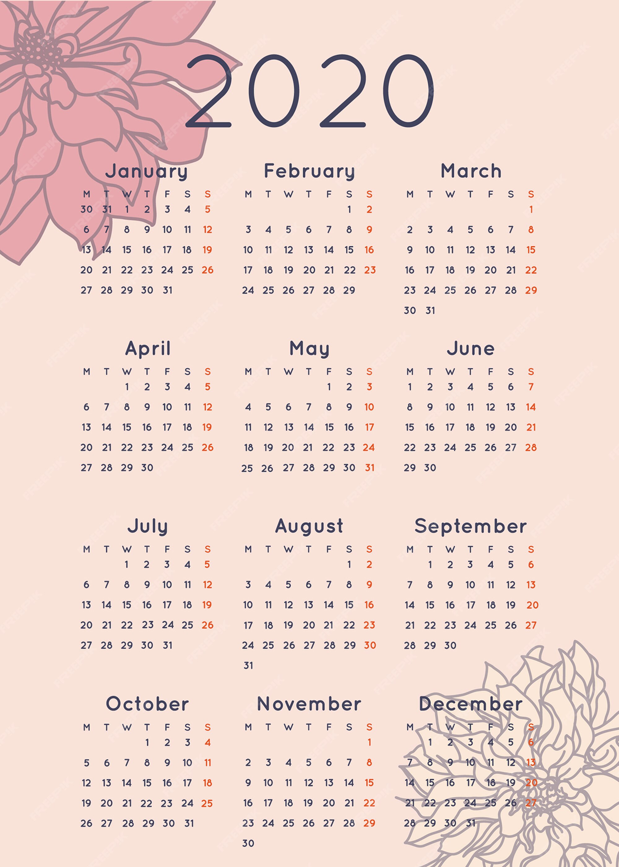 Baixar Vetor De Design Do Calendário Do Ano 2020 Da Flor