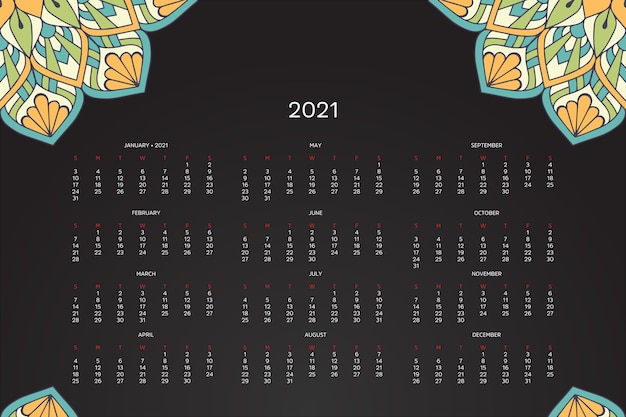 Vetor calendário 2021 com mandala oriental