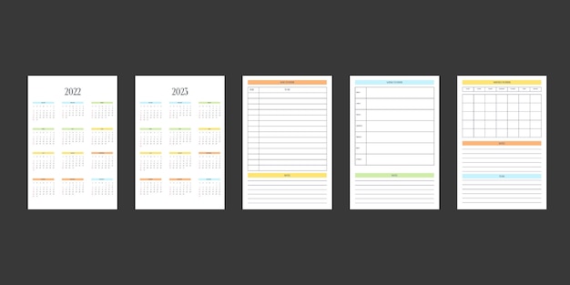 Calendário 2022 2023 e modelo de diário de planejador pessoal mensal semanal diário em estilo estrito clássico