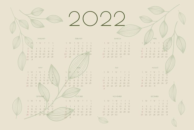 Calendário 2022 com modelo de organizador de planejador de folhas e galhos desenhados à mão em estilo ecológico natural verde