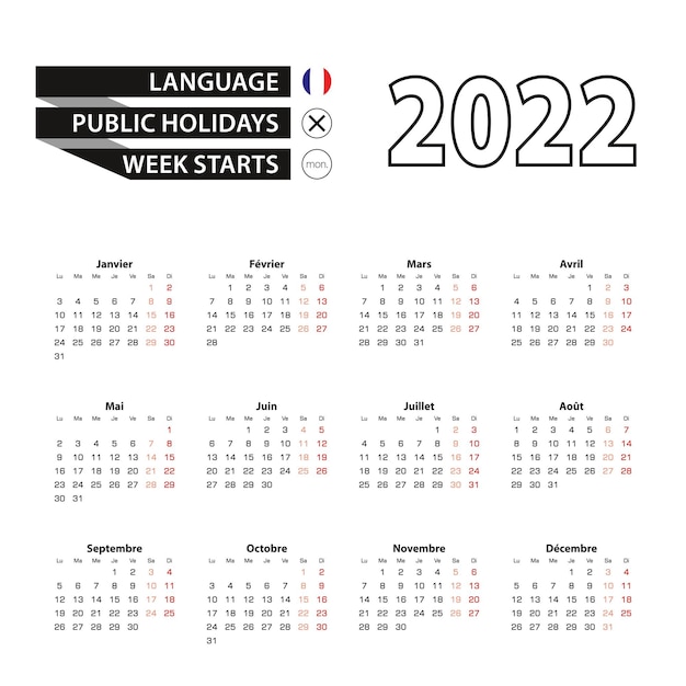 Calendário 2022 em francês, semana começa na segunda-feira.