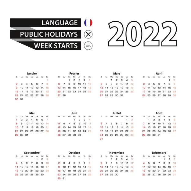 Calendário 2022 em francês, semana começa no domingo.