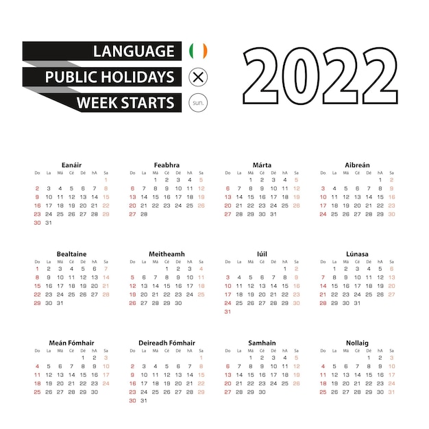 Calendário 2022 em irlandês, semana começa no domingo.