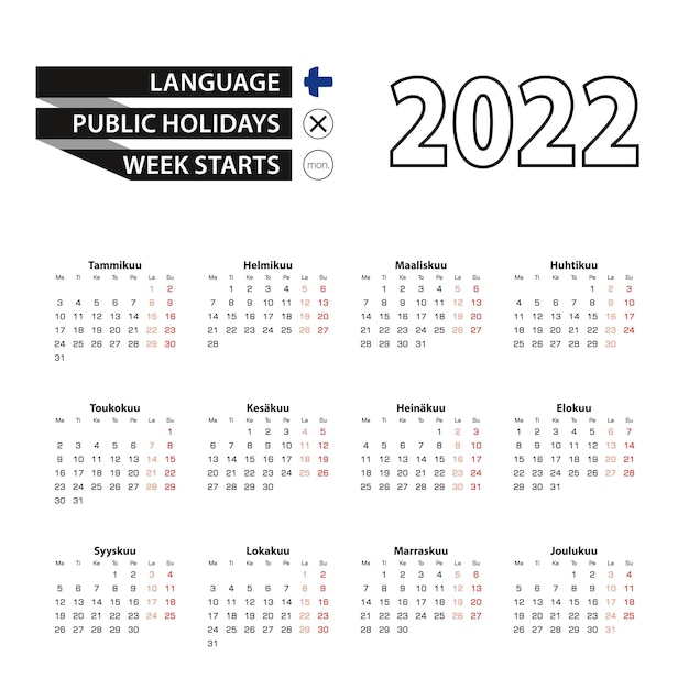 Calendário 2022 na língua finlandesa, semana começa na segunda-feira.