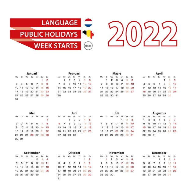 Calendário 2022 na língua francesa com feriados no país da bélgica no ano 2022.