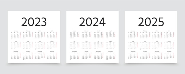 Calendário 2023 2024 2025 anos ilustração vetorial modelo organizador anual