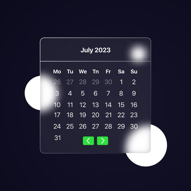 Calendário 2023 ano mês de julho estilo de morfismo de vidro pode ser usado para apresentação de negócios ou publicidade ilustração vetorial