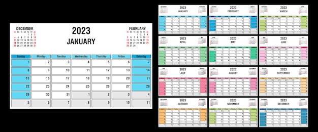 Calendário 2023 anual. semana começa no domingo. ilustração vetorial.