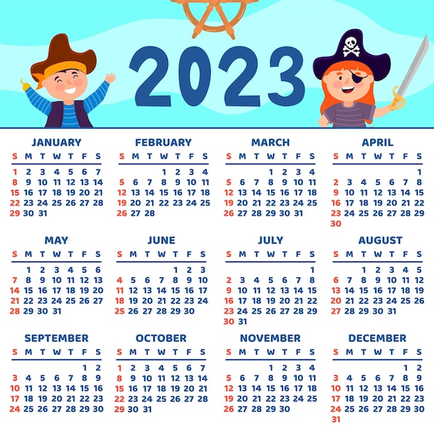Calendário 2023 Calendário infantil colorido com desenho pirata Piratas e volante