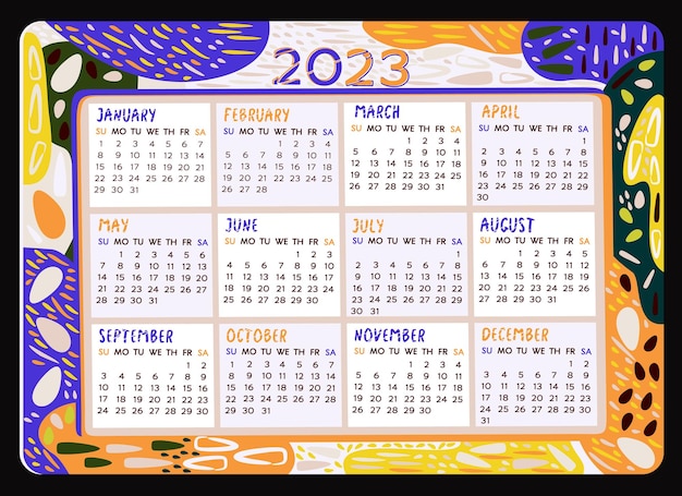 Calendário 2023. calendário mensal colorido com decoração abstrata. semana começa no domingo.