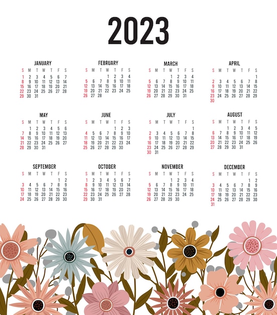 Vetor calendário 2023 com 12 meses domingo semana início calendário anual modelo de calendário de página única com plantas e flores desenhadas à mão boho ilustração do vetor