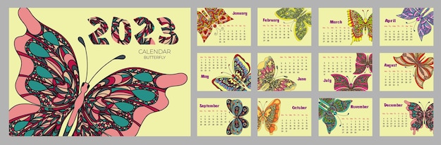 Calendário 2023 com borboleta no estilo zentangle a semana começa na segunda-feira