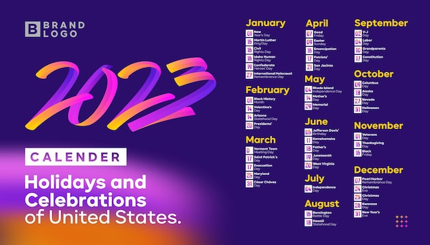 Calendário 2023 com feriados e celebrações dos estados unidos.