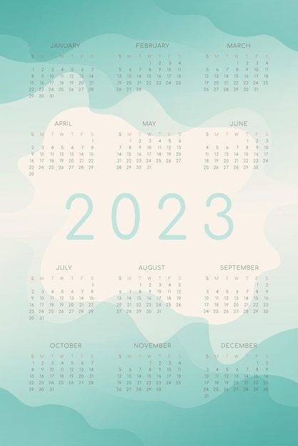 Calendário 2023 com formas de onda fluida gradiente verde turquesa modelo anual vertical para impressão e digital semana começa no domingo