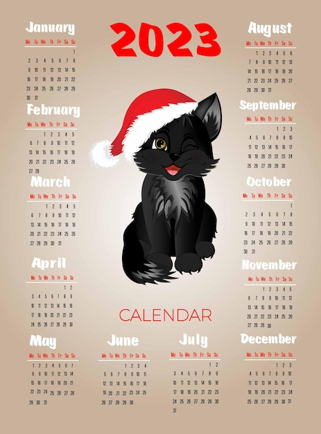 Calendário 2023 com gato preto gatinho bonitinho no chapéu de natal a semana começa na segunda-feira