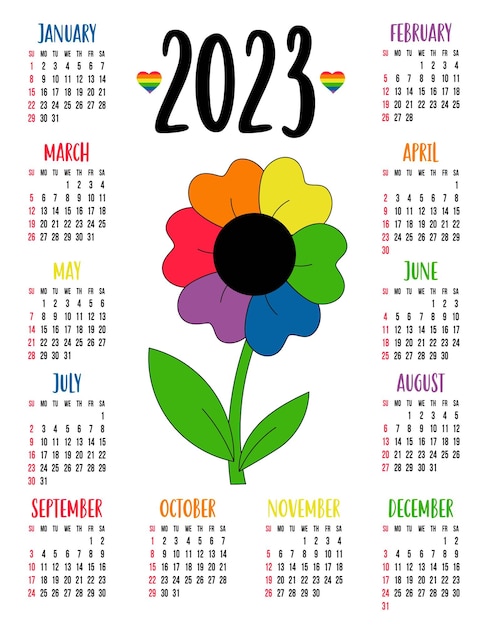 Vetor calendário 2023 com símbolo lgbtq flor com pétalas de arco-íris bandeira lgbt cores do arco-íris