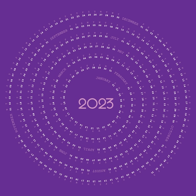 Vetor calendário 2023 design em espiral cor roxa