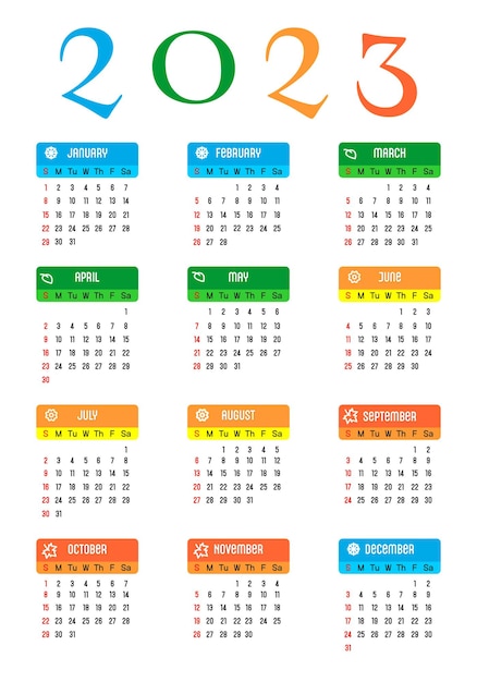 Calendário 2023 Os dias da semana estão no topo