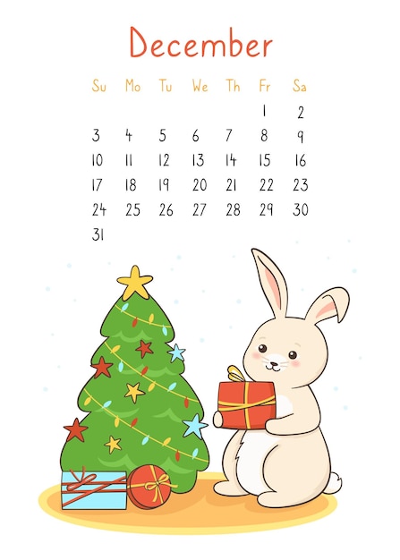 Calendário 2023 página de calendário de coelho planejador de dezembro árvore de coelho feliz natal ano novo lebre vetor