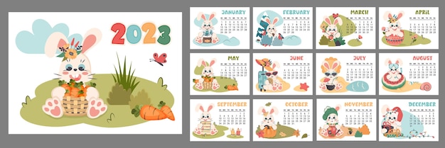 Calendário 2023 para cada mês planejador horizontal com coelhinho fofo em diferentes estações coelho de personagem de desenho animado como símbolo do ano novo semana começa no domingo ilustração plana vetorial