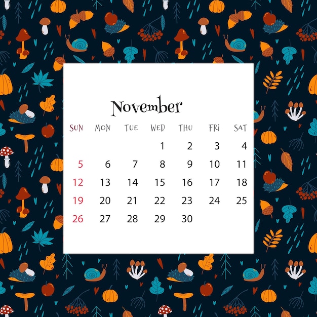 Calendário 2023 para novembro Ilustração vetorial do calendário mensal em padrão perfeito com ouriços fofos deixa cogumelos em estilo plano de desenho animado Backgroud colorido com grade de mês