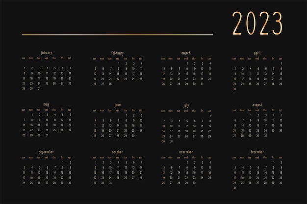 Calendário 2023 para o caderno do diário do planejador pessoal ouro no estilo rico de luxo preto formato horizontal da paisagem a semana começa no domingo