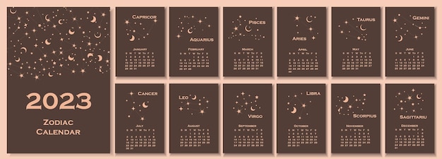 Vetor calendário 2023. projeto de conceito de calendário com constelação do zodíaco. ilustração vetorial.