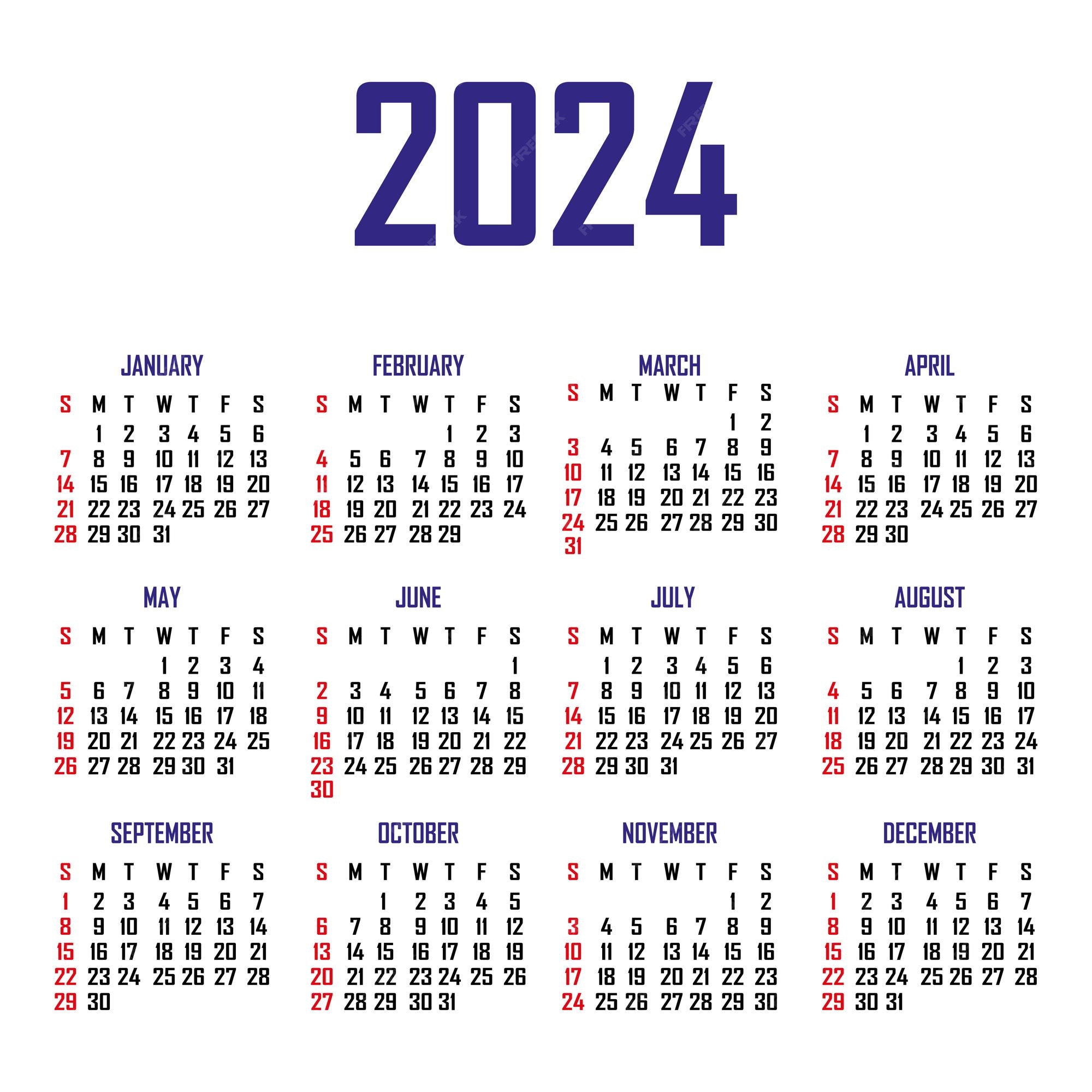 Calendário 2024 a semana começa no domingo modelo de calendário simples