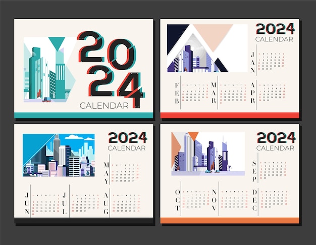 Calendário 2024 arquitetura de edifício abstrato geométrico