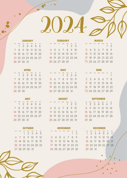 Vetor calendário 2024 todos os meses feriados nacionais calendário datas comemorativas e feriados