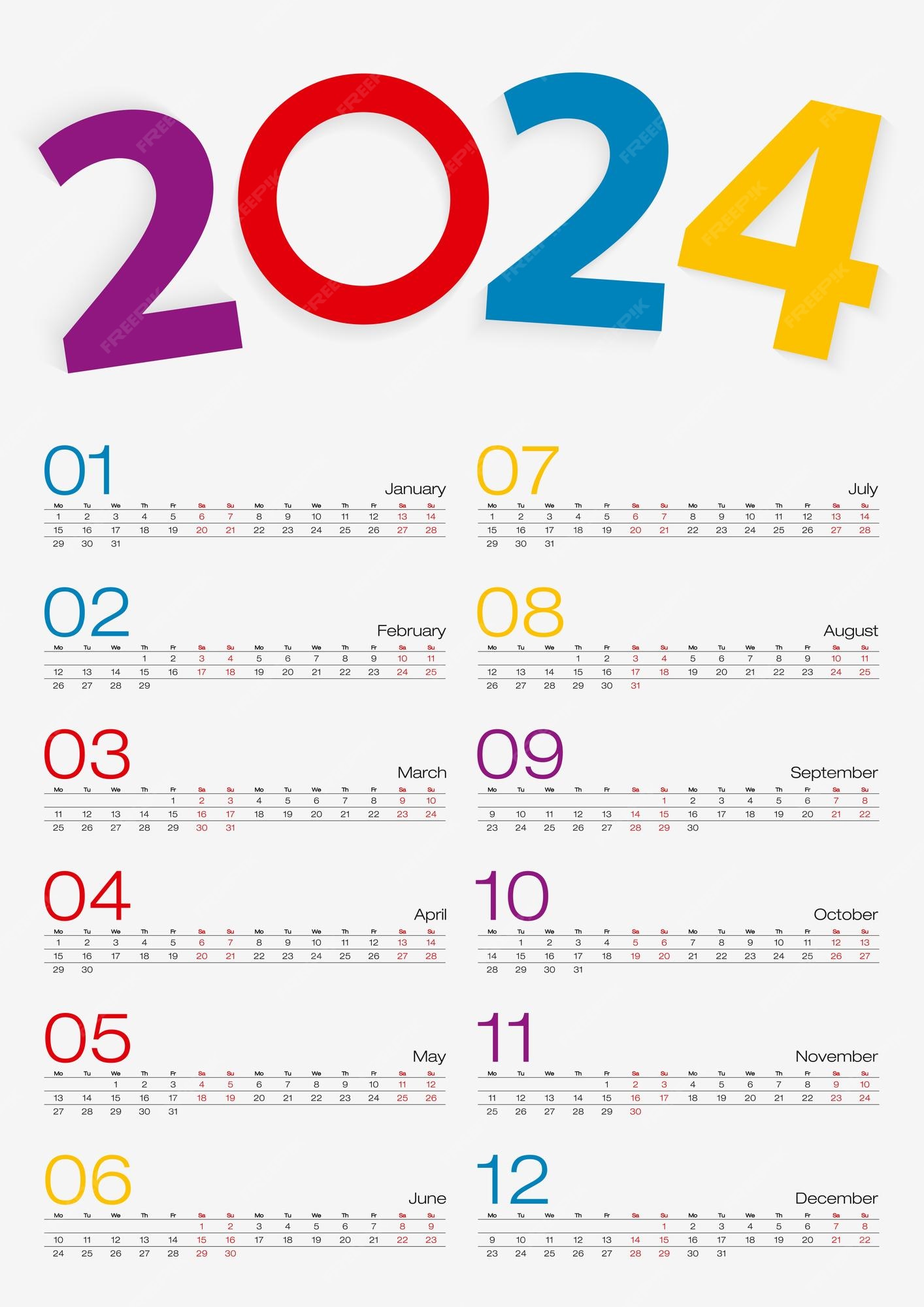 Calendário 2024 Todos os meses, linha de 2 semanas Vetor Premium