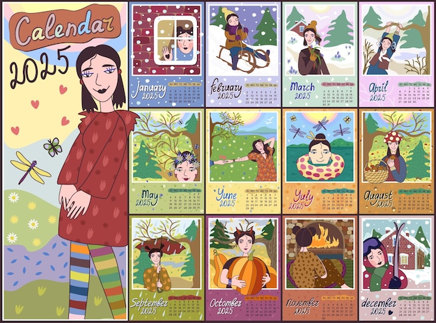 Calendário 2025 Calendário mensal colorido Coberta e 12 páginas mensais Vector de início da semana no domingo