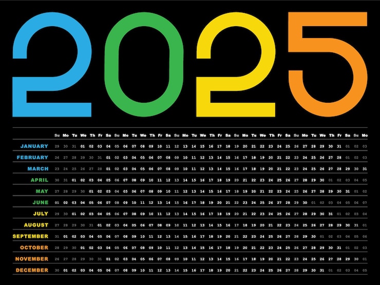 Calendário 2025 colorido planejador horizontal