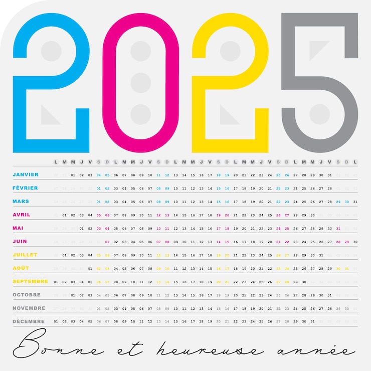 Vetor calendário 2025 desenho modificável datas únicas francês horizontal multicolor