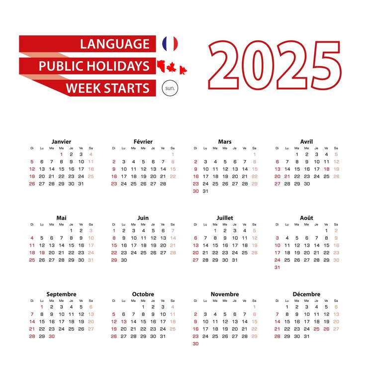Vetor calendário 2025 em língua francesa com feriados públicos o país do canadá no ano 2025