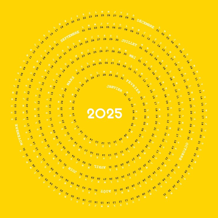 Calendário 2025 en Francais Design Cratif Forme Espiral Modificável Couleur jaune