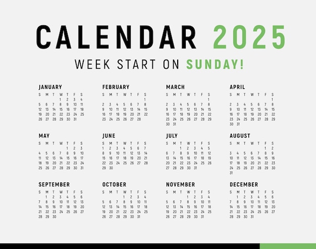 Vetor calendário 2025 estilo minimalista a semana começa no domingo