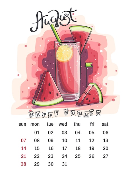 Calendário agosto de 2022 copo com melancia e limão