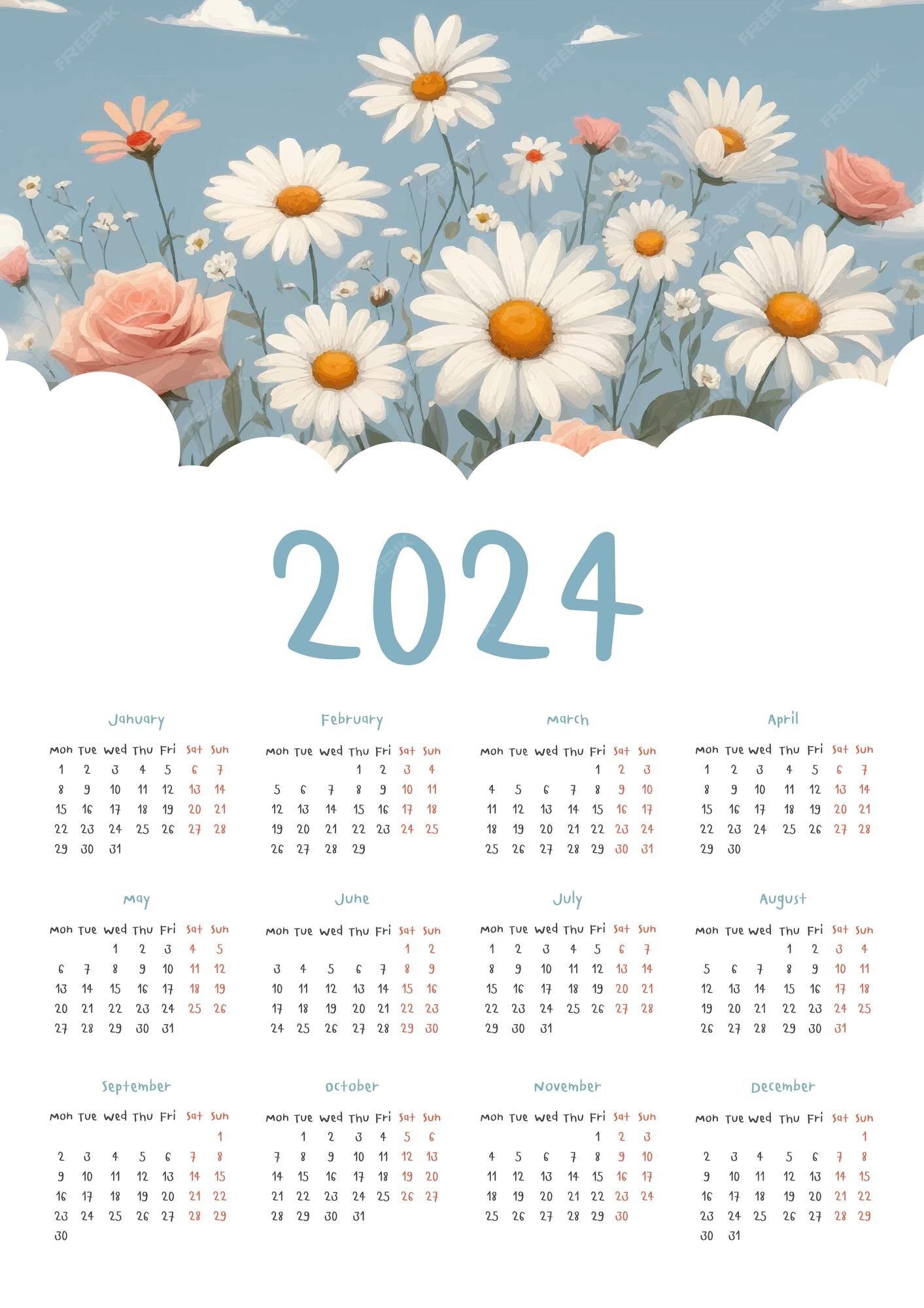 Calendário ano 2024 belas fotos de flores Vetor Premium