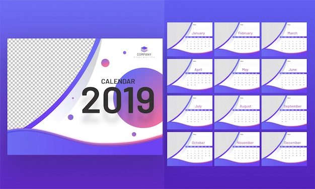 Vetor calendário anual de 2019.