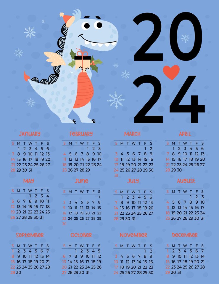 Vetor calendário anual de 2024 dragão azul de natal com azevinho de presente 12 meses a semana começa no domingo ano dragão