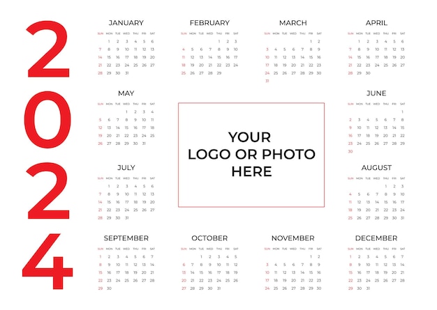 Calendário anual de uma página para 2024 Calendário de negócios com lugar para foto ou logotipo da empresa