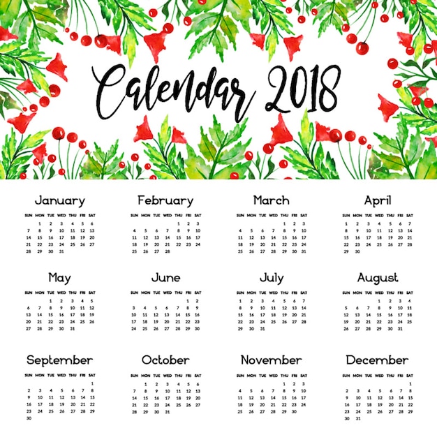 Vetor calendário anual floral da aguarela 2018